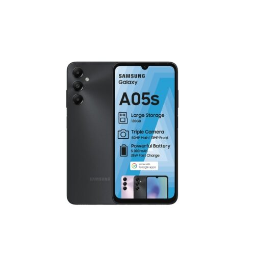 Samsung Galaxy A05s smartphone shown from back and front, highlighting a triple camera on the rear and a display with specs: 128GB storage, 50MP main camera, 5MP front camera, 5000mAh battery and 25W fast charging.