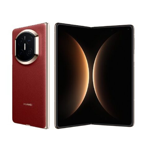 Huawei foldable smartphone with red leather back and circular multi-camera module, open to reveal the large inner display.