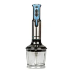 Immersion hand blender with blue and black handle and a clear attached chopper jar (Blaupunkt brand).