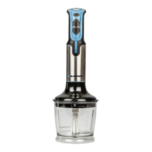 Immersion hand blender with blue and black handle and a clear attached chopper jar (Blaupunkt brand).