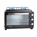 Compact Blaupunkt countertop oven with a glass door and metal rack, plus two gas burners on top and control knobs on the right side.