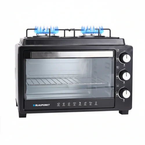 Compact Blaupunkt countertop oven with a glass door and metal rack, plus two gas burners on top and control knobs on the right side.