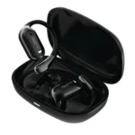 Black wireless earbuds resting in a glossy black charging case with the lid open, showing the earpieces inside.