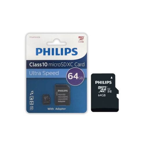 Philips Class 10 microSDXC card packaging showing a 64 GB card with adapter