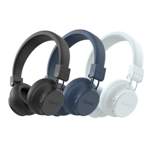 Over-ear headphones in black, blue, and white arranged in a row, Polaroid branding on earcups (wireless model).