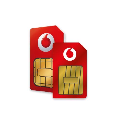 Two overlapping red SIM cards with gold microchips and a white circular logo on each card, sized for mobile service.