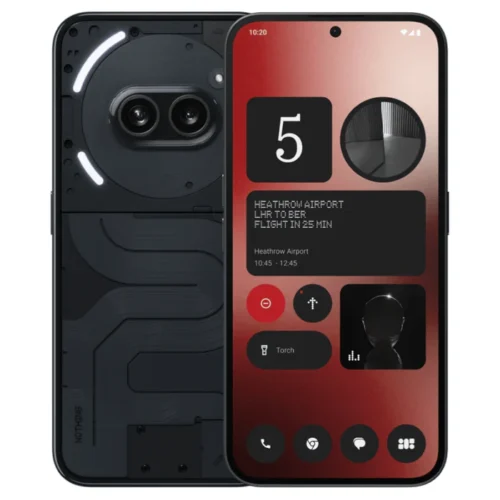 Smartphone shown from front and back: exposed internal hardware on the left and the front display on the right with red widgets and flight information.