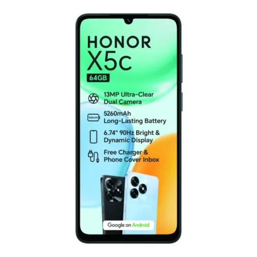 HONOR X5c smartphone, 64GB, featuring 13MP dual camera, 5260mAh battery, 6.74-inch 90Hz display, charger and phone cover included.